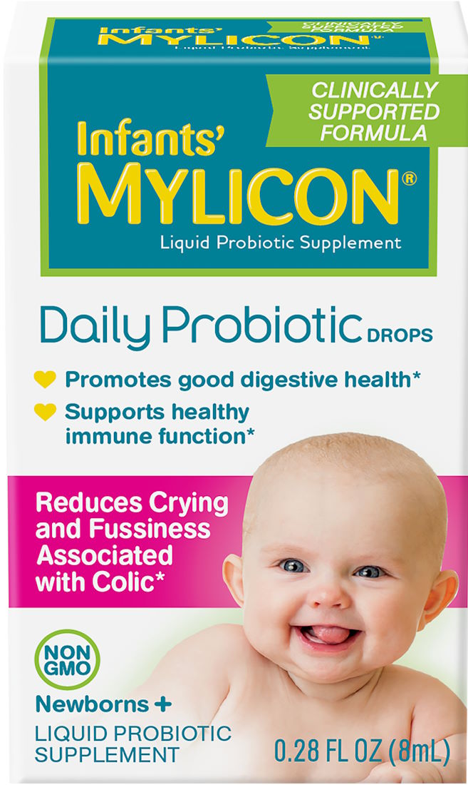 Box of Infants’ Mylicon Daily Probiotic Drops featuring claims about promoting digestive health, reducing crying and fussiness from colic, and a smiling baby. The box is white with yellow, blue, and pink accents.