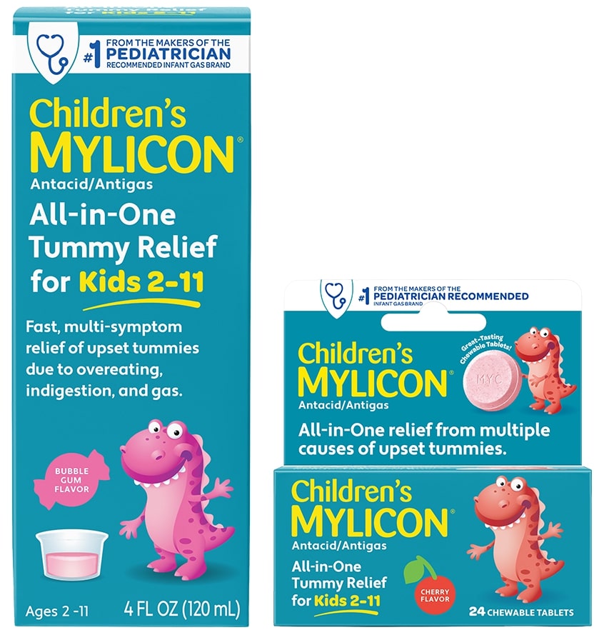 Children's Mylicon Tummy Relief for kids ages 2-11 in bubble gum and cherry flavors. Packaging shows bottles and boxes with a smiling pink cartoon dinosaur. Text highlights multi-symptom relief for upset tummies.
